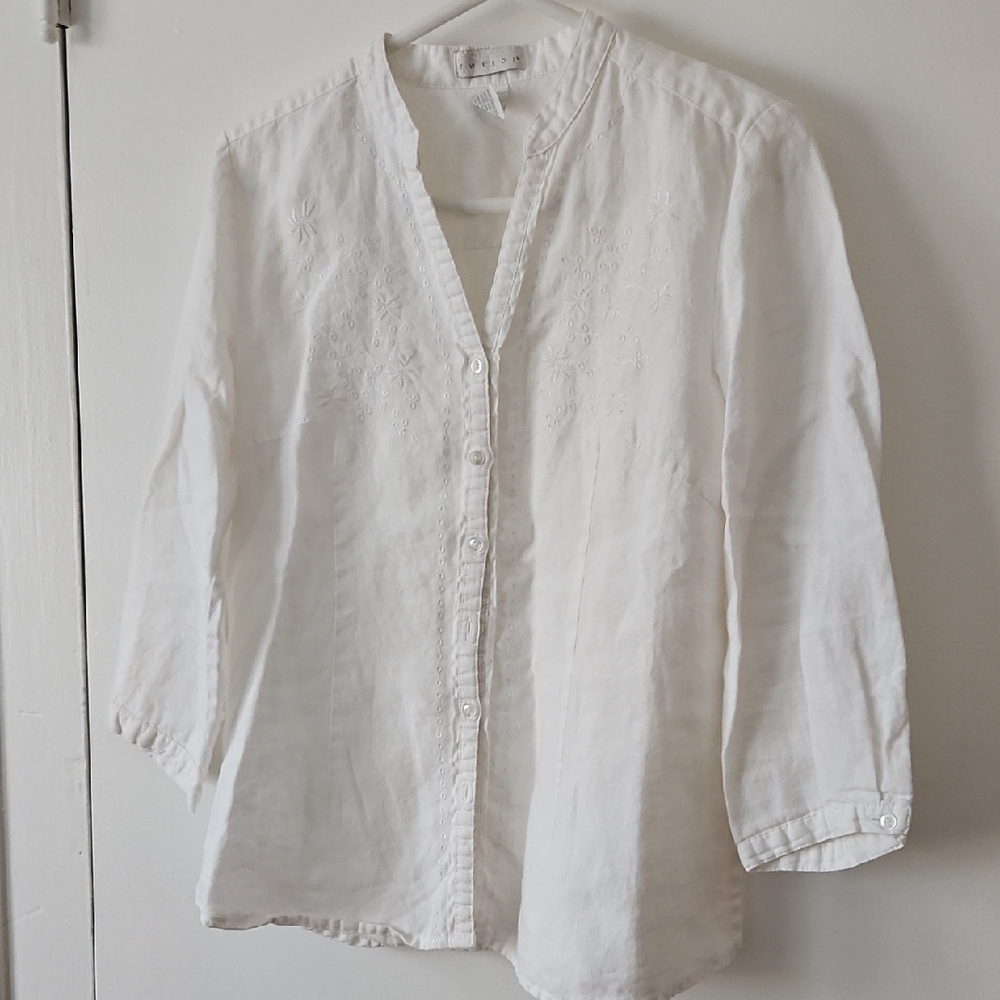 Tweeds White Linnen Shirt Womens Size M, BUTTON DOWN 3/4 SLEEVE